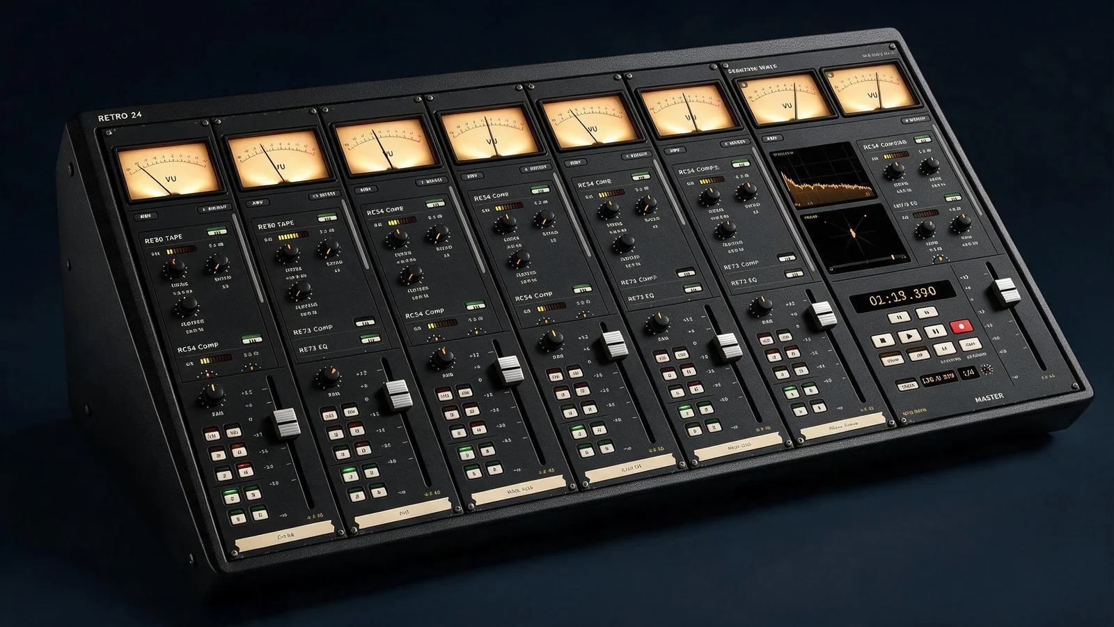 Retro 24 shown as a vintage studio console with VU meters, channel strips and faders